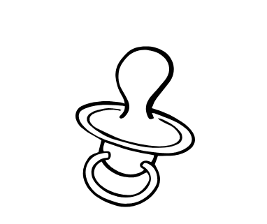 Simple black and white drawing of a baby pacifier.
