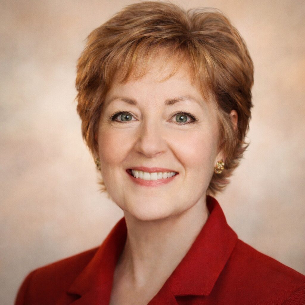 Professional headshot of a smiling woman with short auburn hair in a red blazer.